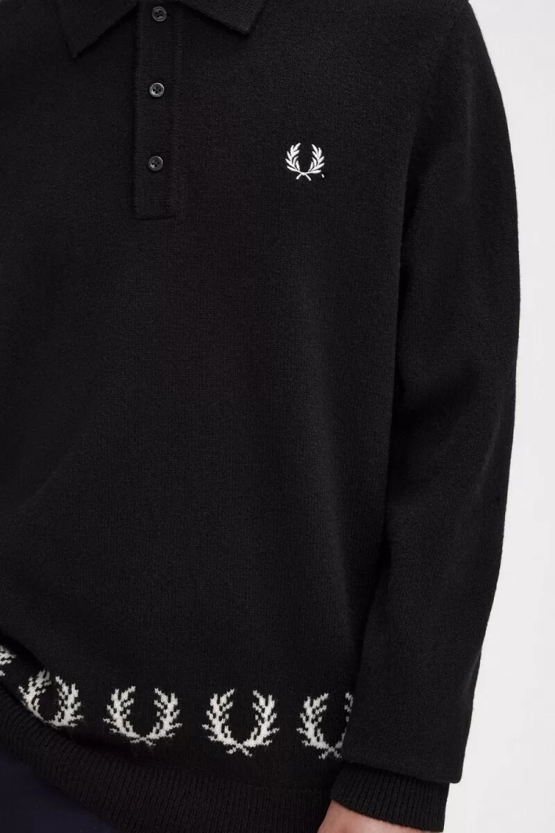 fred perry strickhemd für herren mit lorbeerkranz-verzierung schwarz