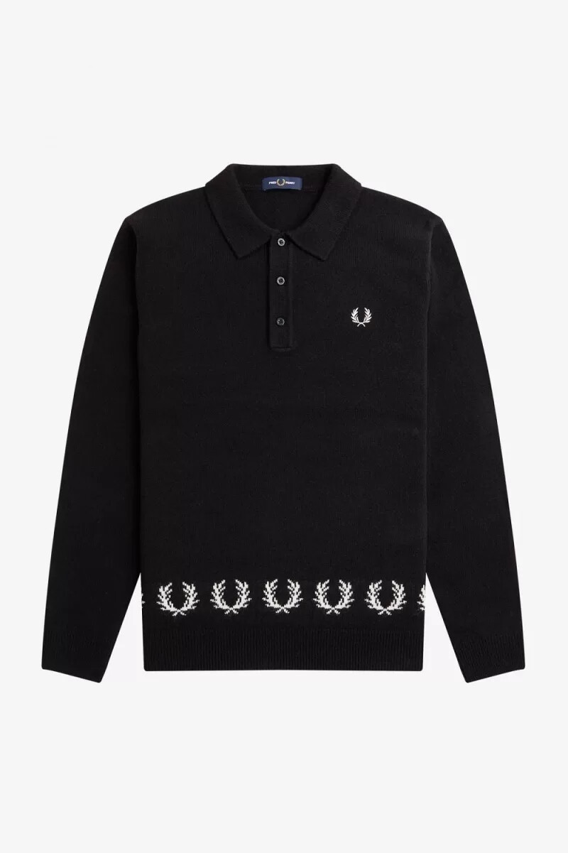fred perry strickhemd für herren mit lorbeerkranz-verzierung schwarz