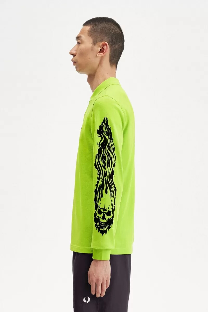 fred perry noongoons langarm-poloshirt für herren mit grafikprint limettengrün