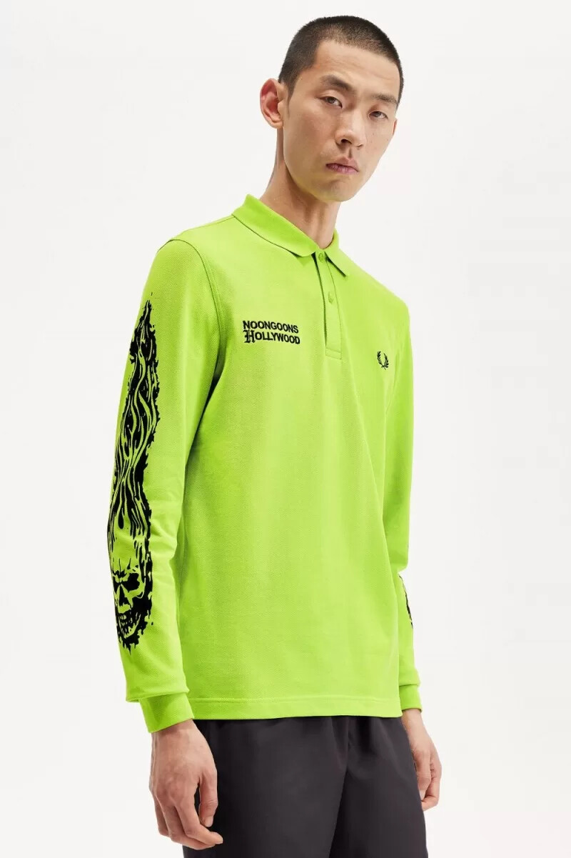 fred perry noongoons langarm-poloshirt für herren mit grafikprint limettengrün