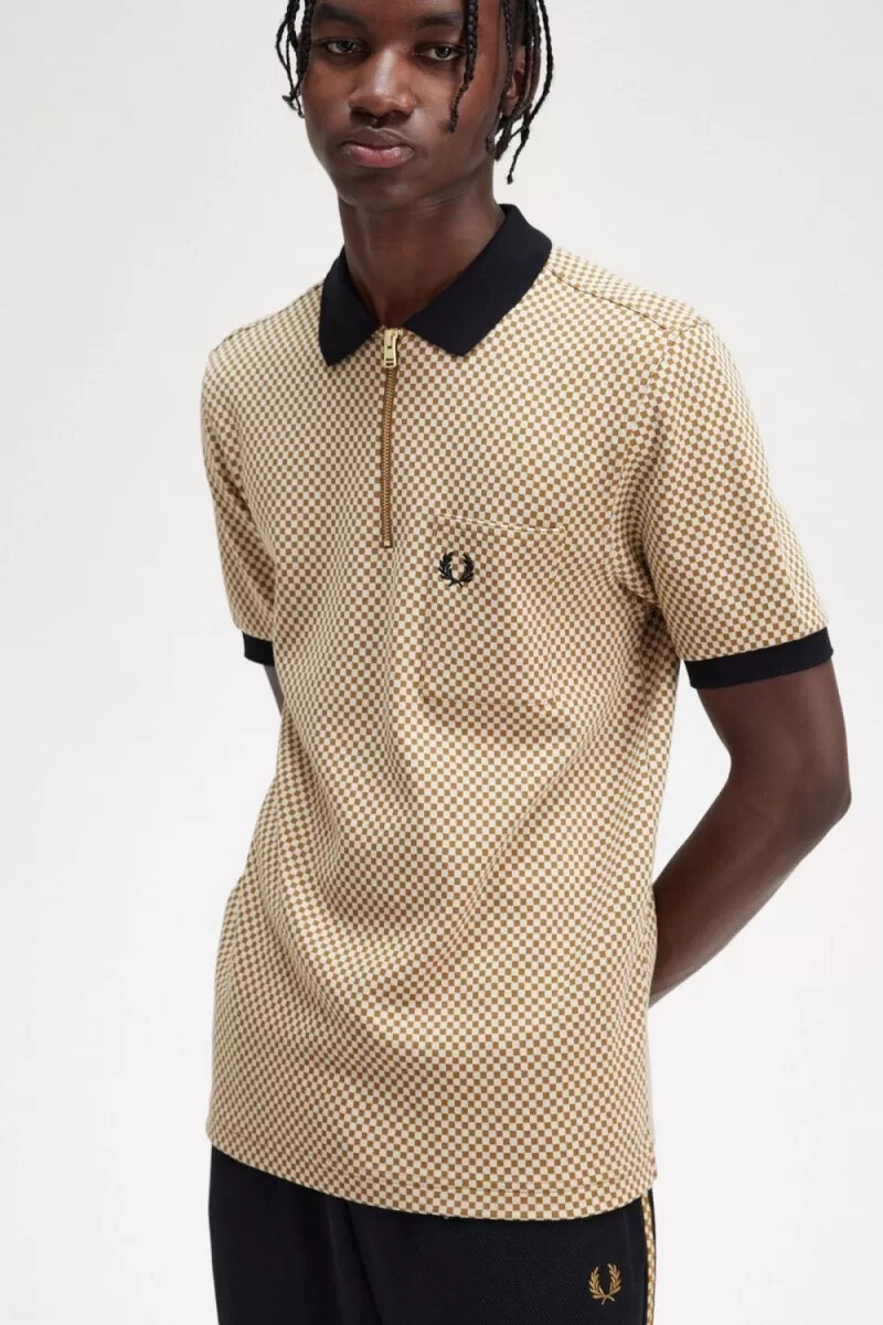 fred perry herren-poloshirt mit mikro-schachbrettmuster farbe haferflockendunkelbraun