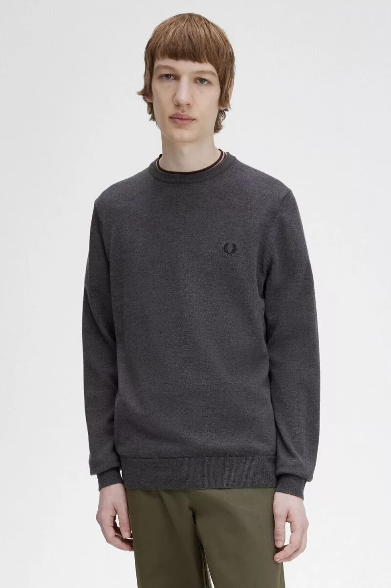 fred perry klassischer herrenpullover mit rundhalsausschnitt dunkelgrau meliert