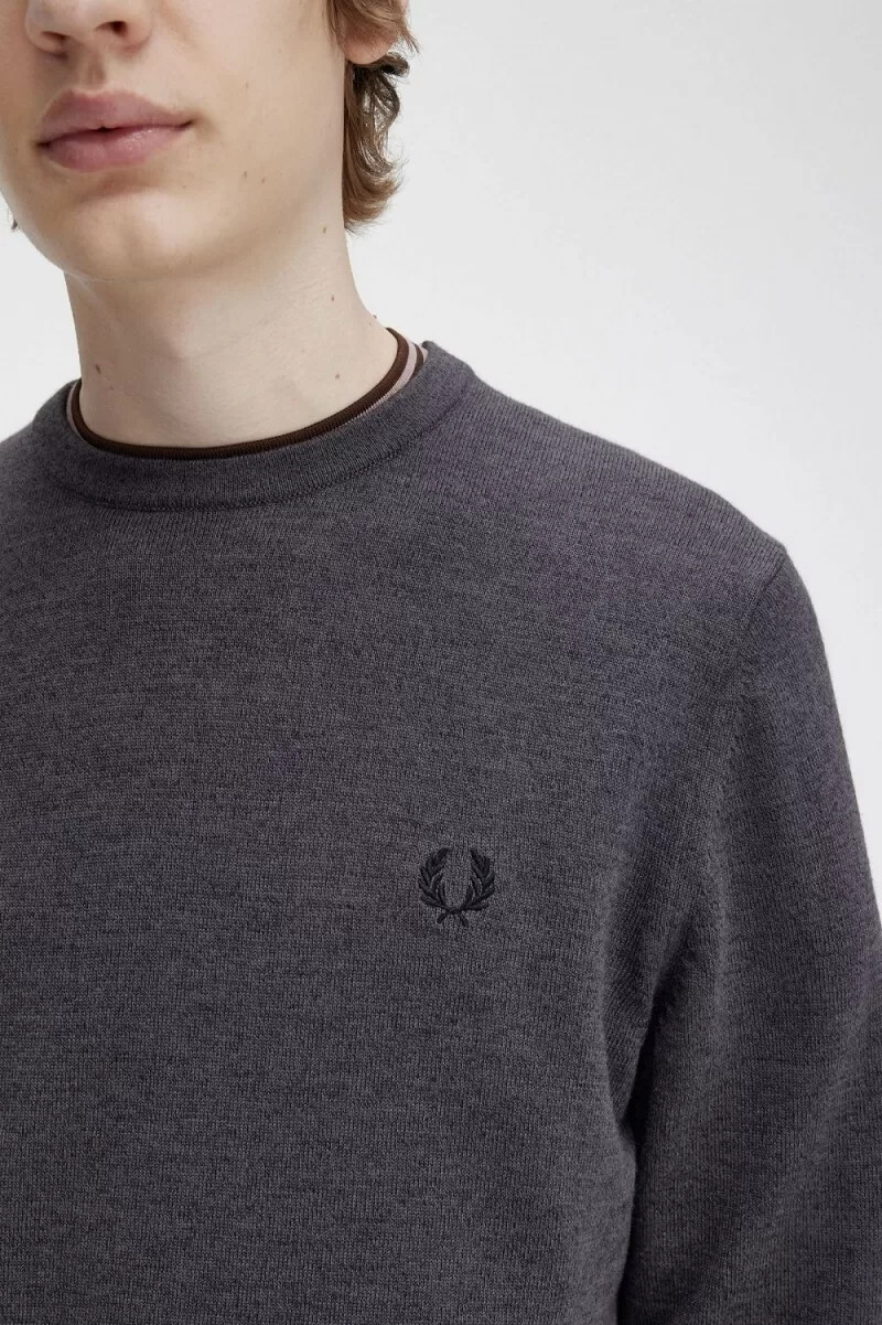 fred perry klassischer herrenpullover mit rundhalsausschnitt dunkelgrau meliert