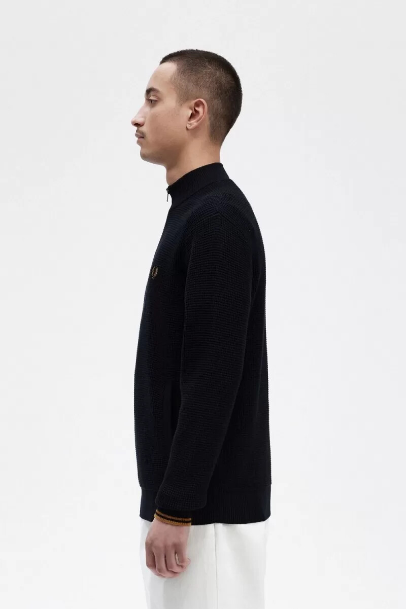 fred perry herrenpullover mit waffelpiqué und halbem reißverschluss marineblau