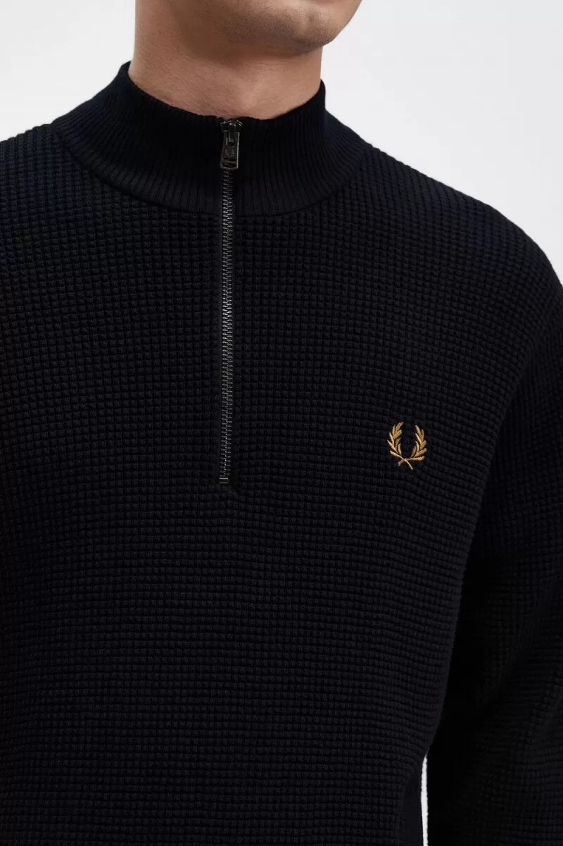 fred perry herrenpullover mit waffelpiqué und halbem reißverschluss marineblau