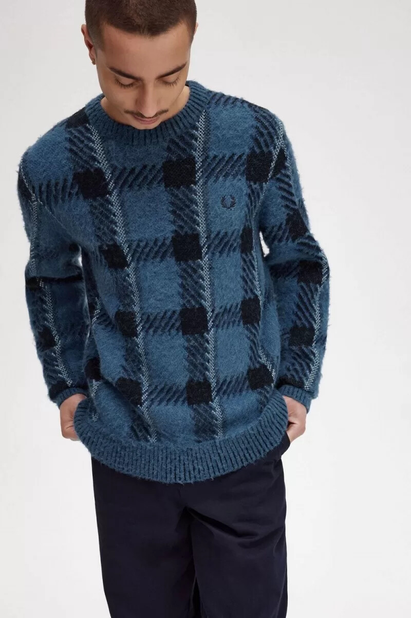 fred perry glitch tartan herrenpullover mitternachtsblau