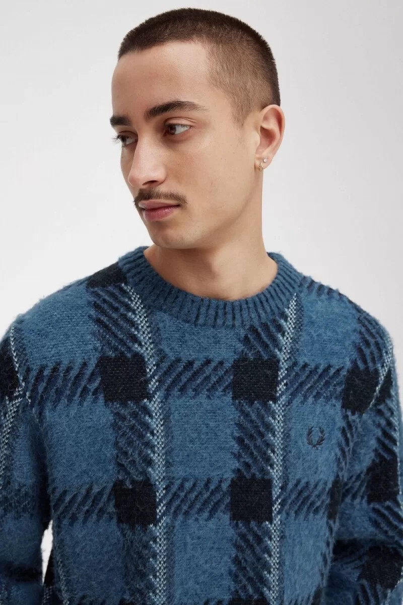 fred perry glitch tartan herrenpullover mitternachtsblau