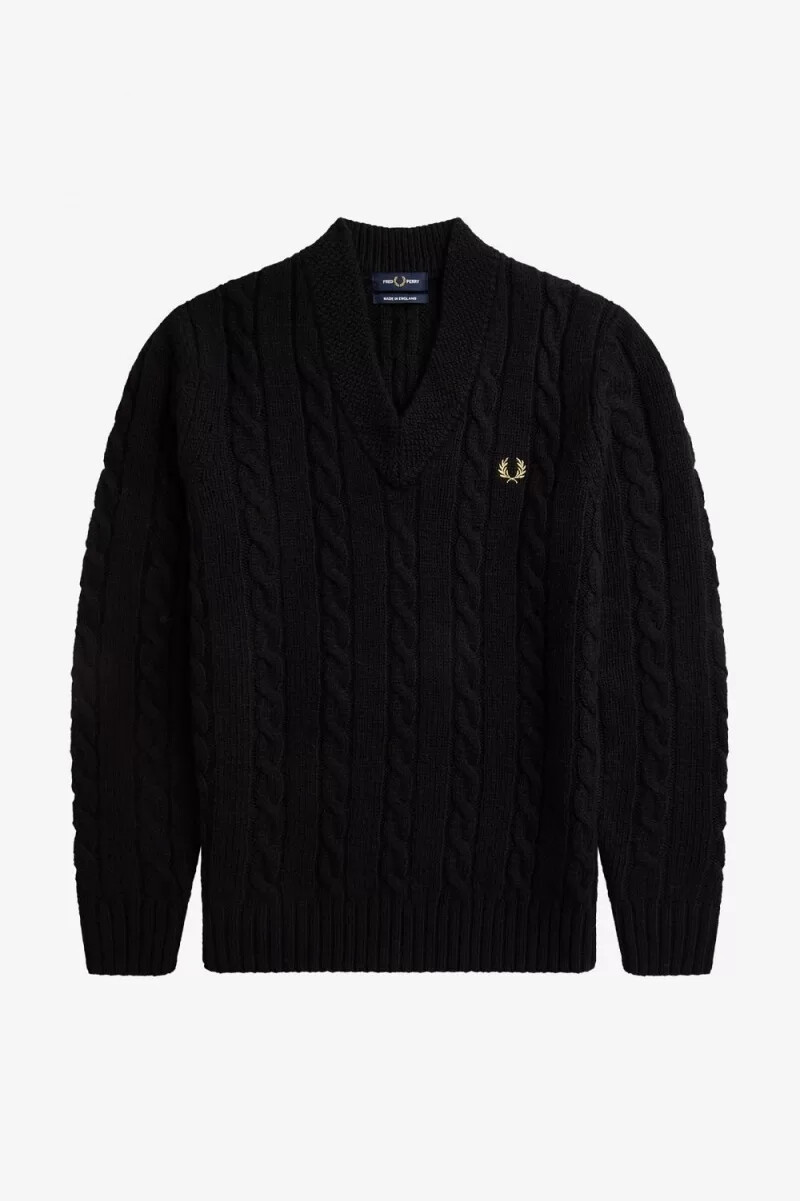fred perry zopfmuster-pullover mit v-ausschnitt für herren schwarz