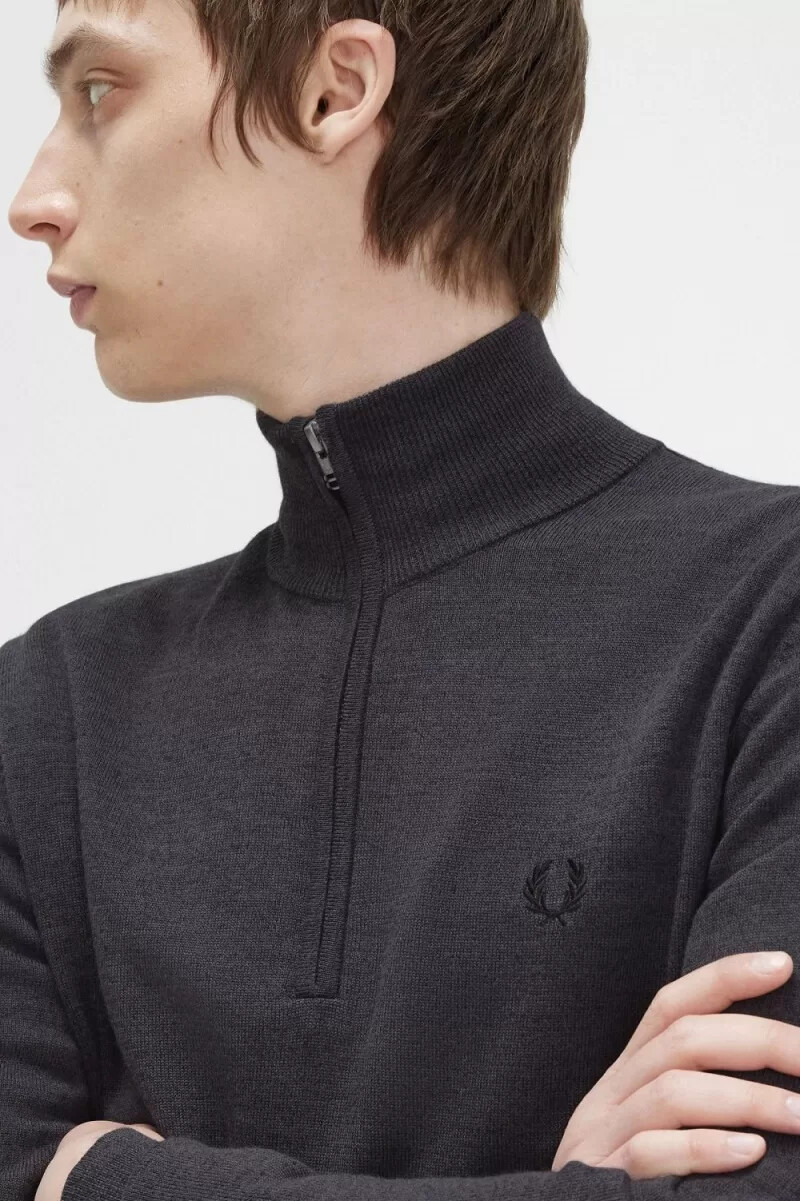 fred perry classic herren-pullover mit halbem reißverschluss dunkelgrau meliert