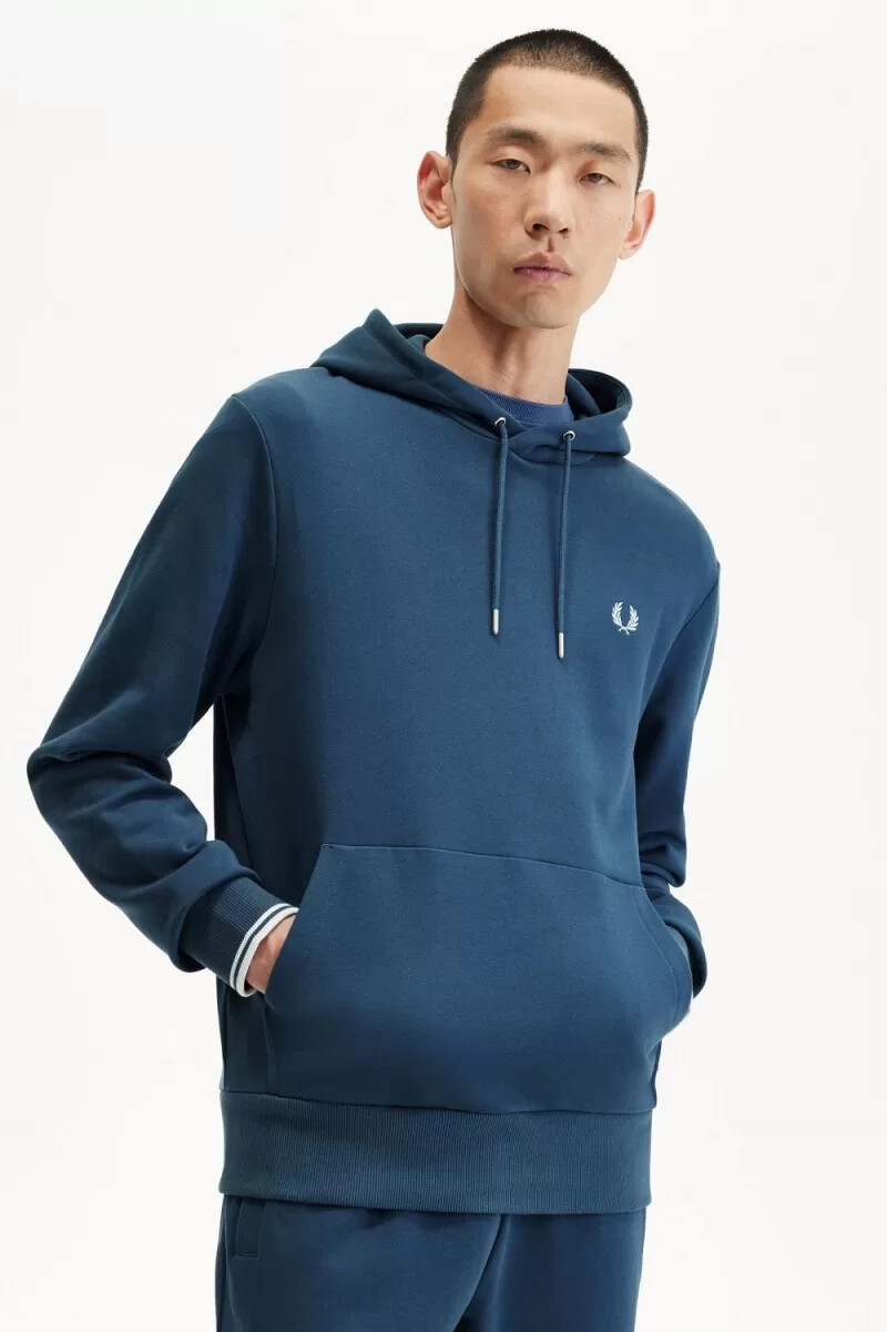 fred perry herren-sweatshirt mit kapuze und zierstreifen mitternachtsblau hellblau