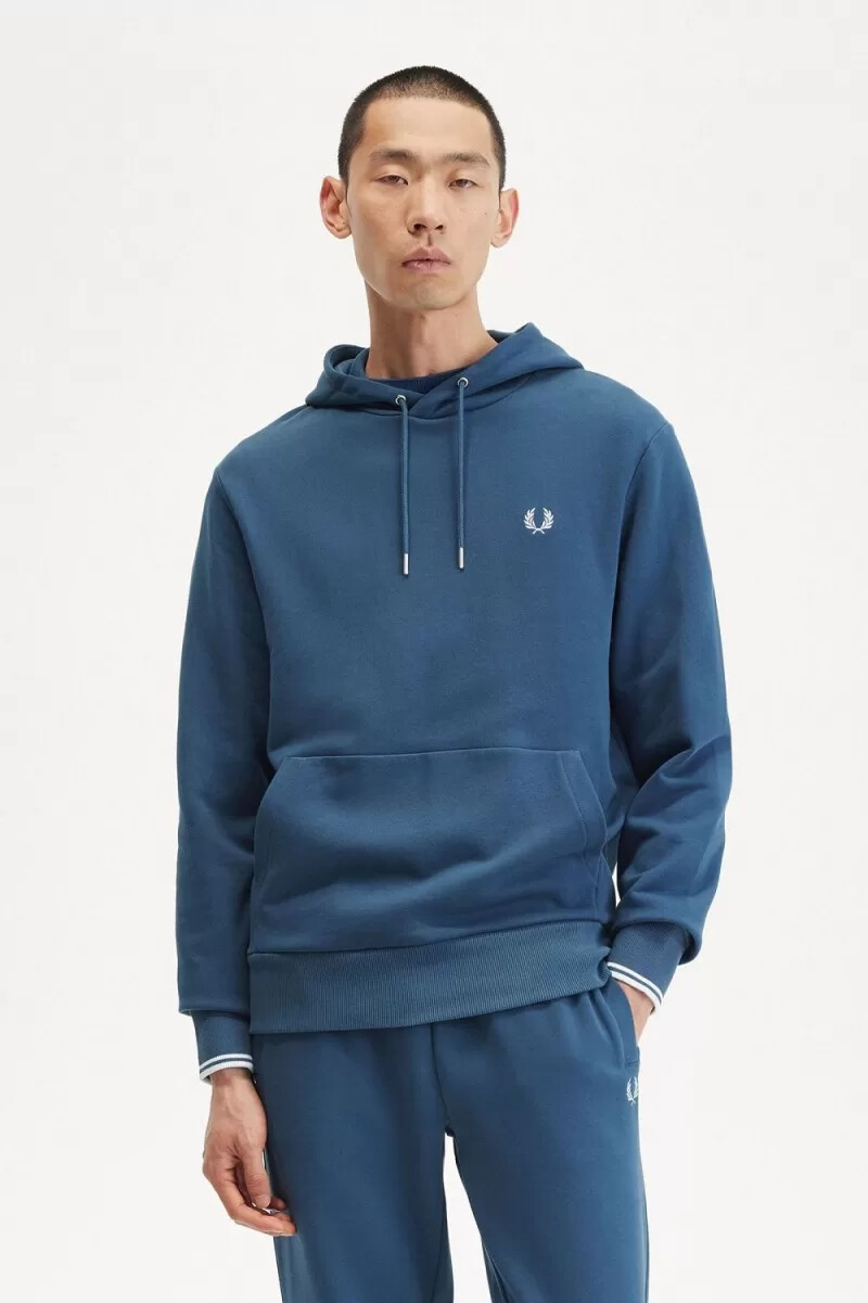 fred perry herren-sweatshirt mit kapuze und zierstreifen mitternachtsblau hellblau