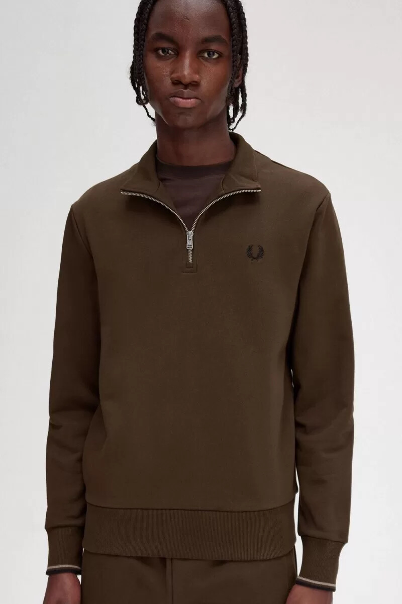 fred perry herren-sweatshirt mit halbem reißverschluss farbe burnt tobacco