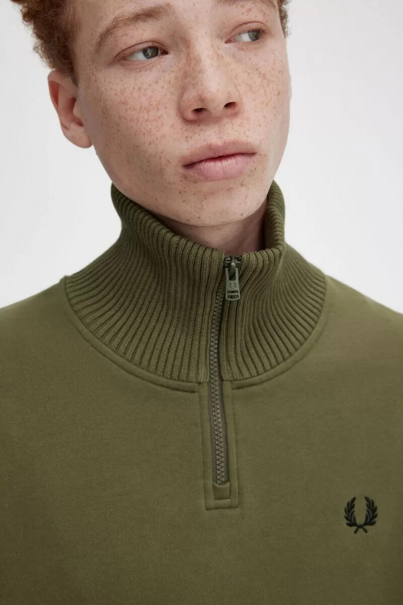 fred perry herren-sweatshirt mit strickbesatz und reißverschlusskragen uniformgrün