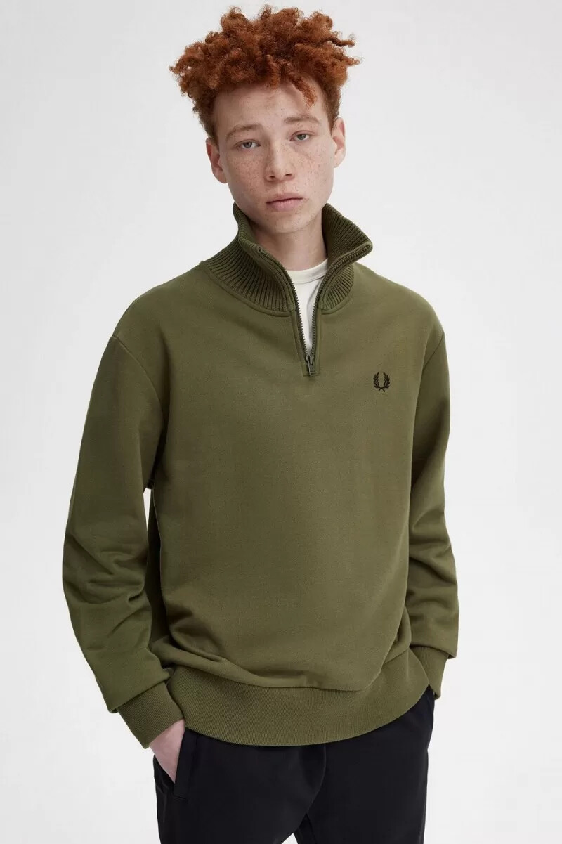 fred perry herren-sweatshirt mit strickbesatz und reißverschlusskragen uniformgrün