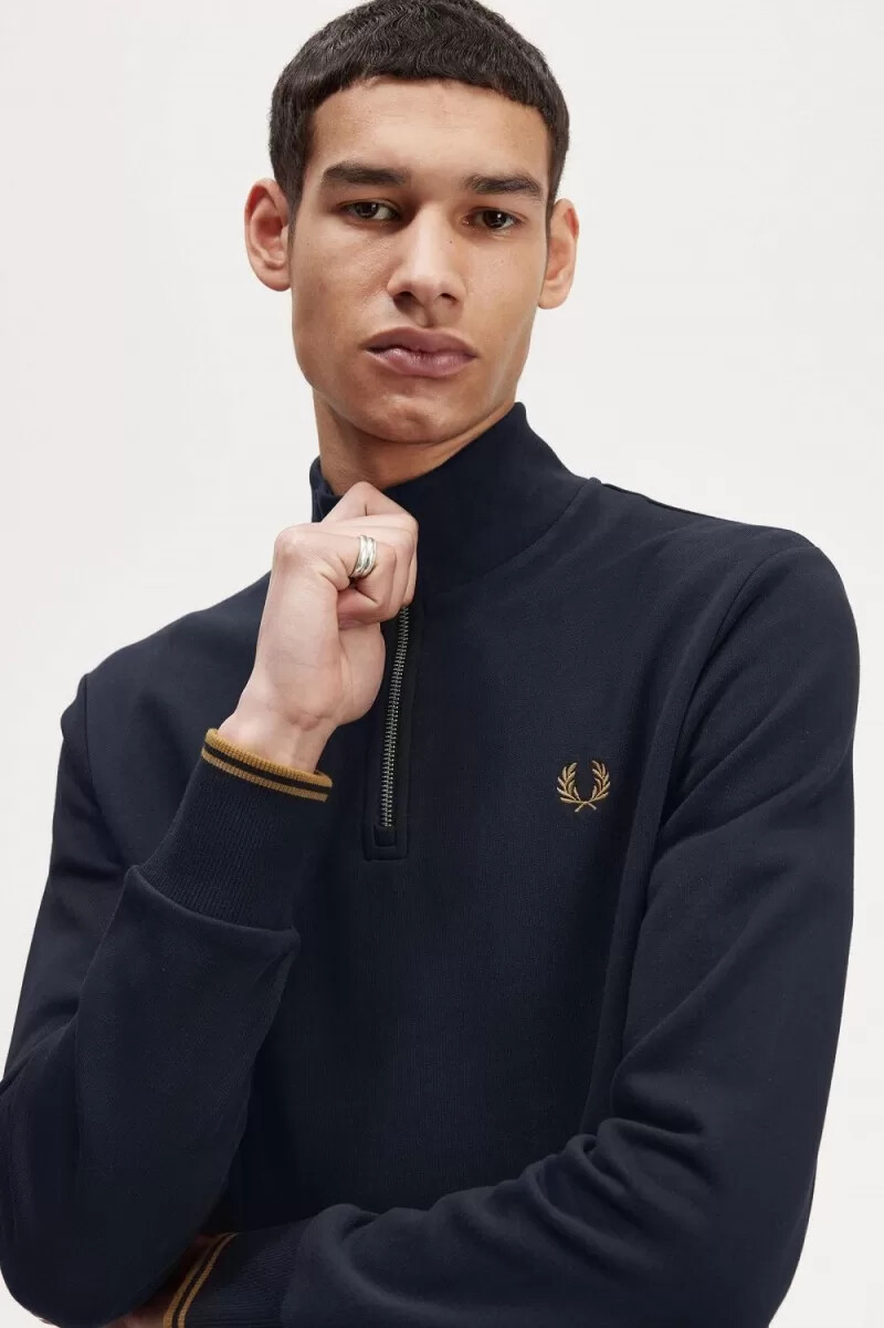 fred perry herren-sweatshirt mit halbem reißverschluss marineblaudunkelbraun