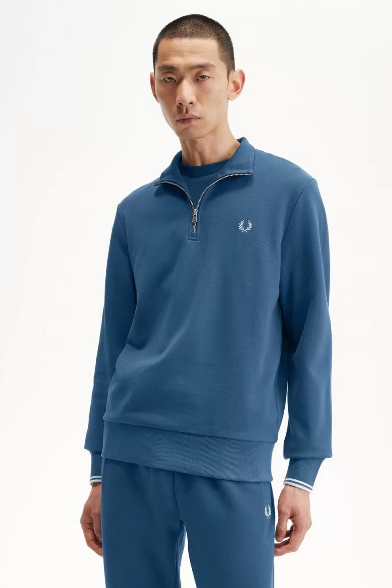 fred perry herren-sweatshirt mit halbem reißverschluss mitternachtsblau hellblau