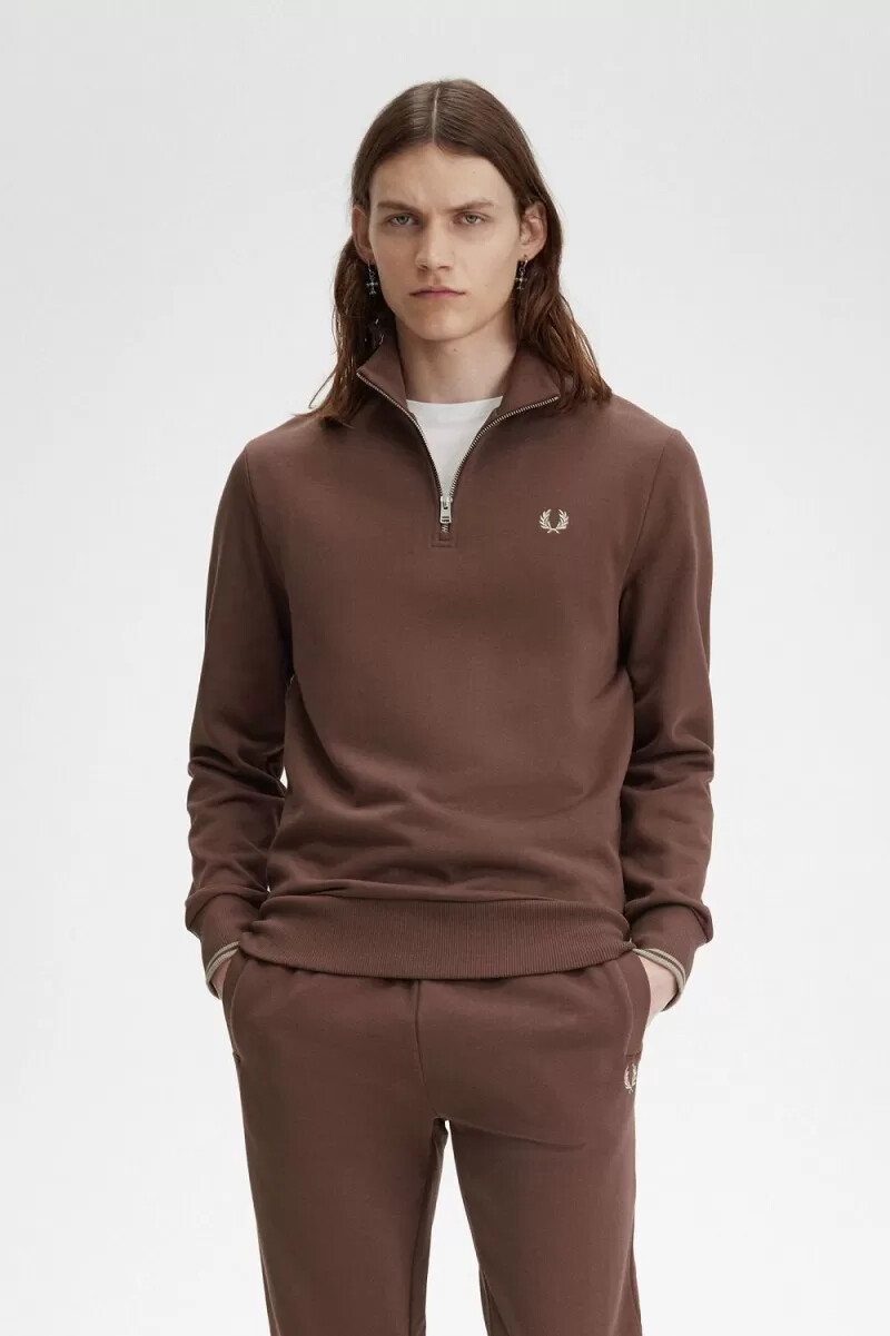 fred perry herren-sweatshirt mit halbem reißverschluss dunkelrotwarmgrau