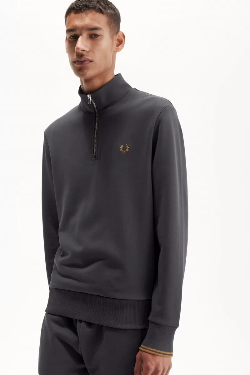 fred perry herren-sweatshirt mit halbem reißverschluss anchor grey dark coffee