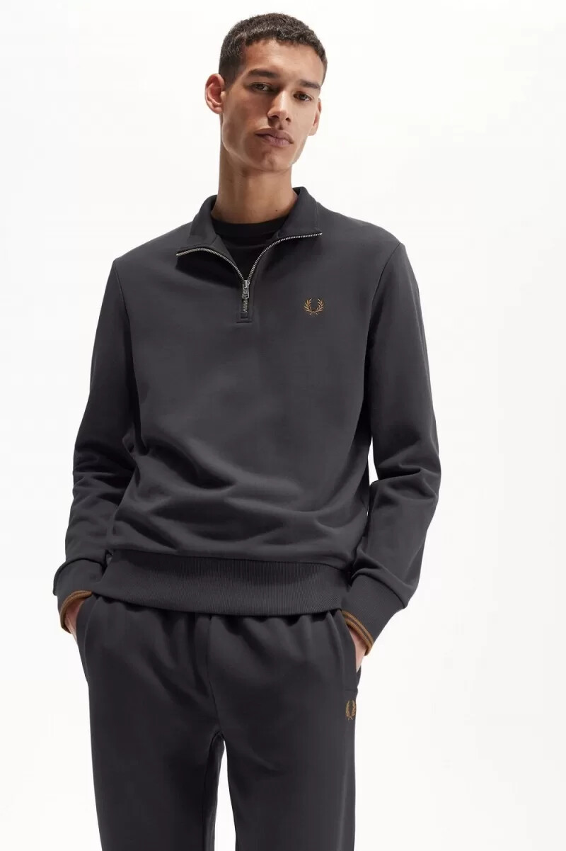fred perry herren-sweatshirt mit halbem reißverschluss anchor grey dark coffee