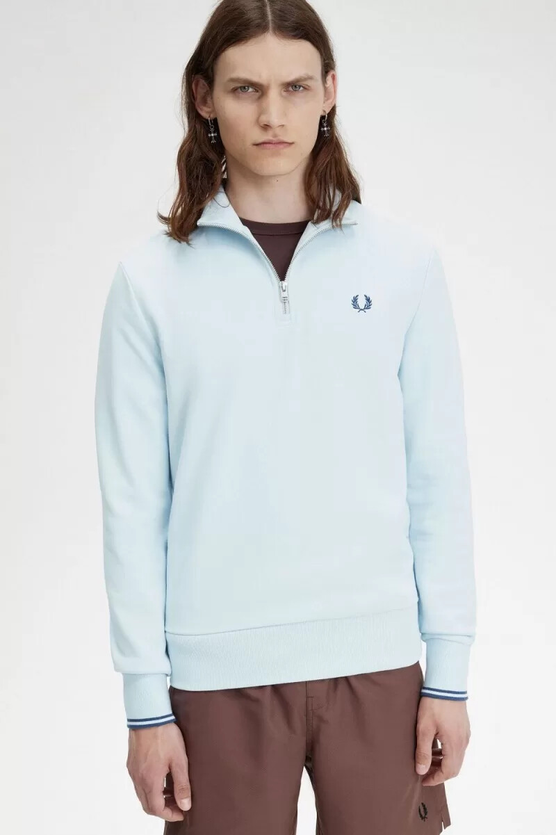 fred perry herren-sweatshirt mit halbem reißverschluss hellblau mitternachtsblau