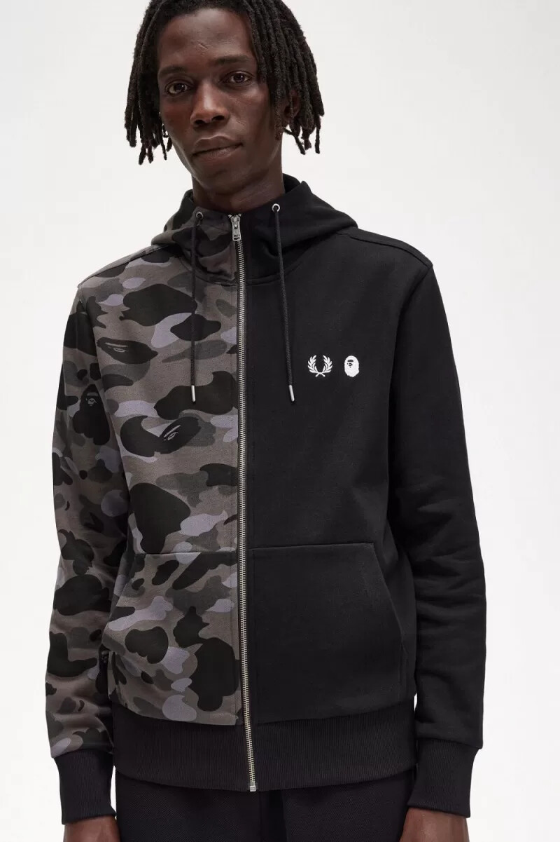 fred perry herren-sweatshirt mit kapuze und kontrastfarbenem reißverschluss schwarz