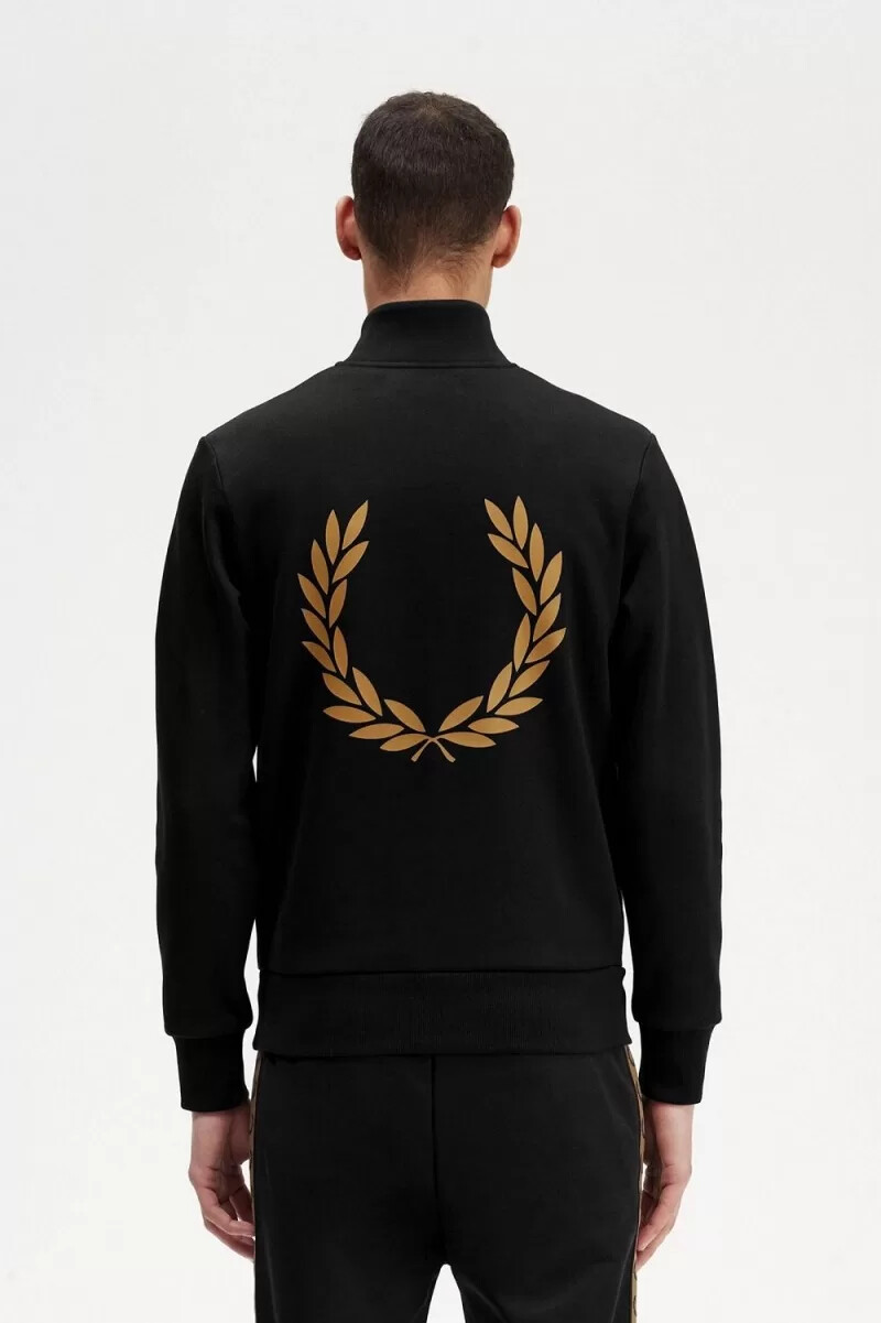 fred perry herren-sweatshirt mit doppeltem grafikprint und halbem reißverschluss schwarz