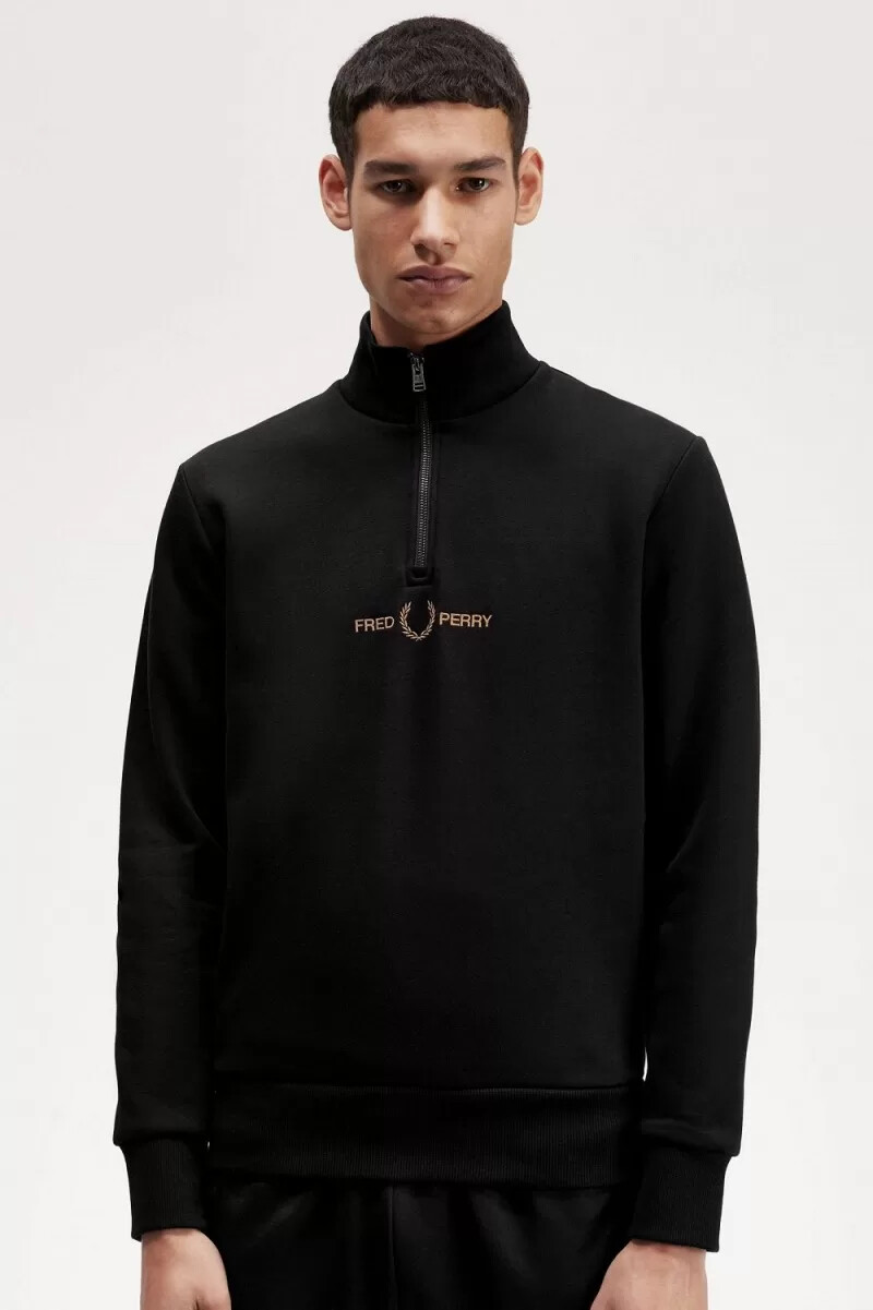 fred perry herren-sweatshirt mit doppeltem grafikprint und halbem reißverschluss schwarz