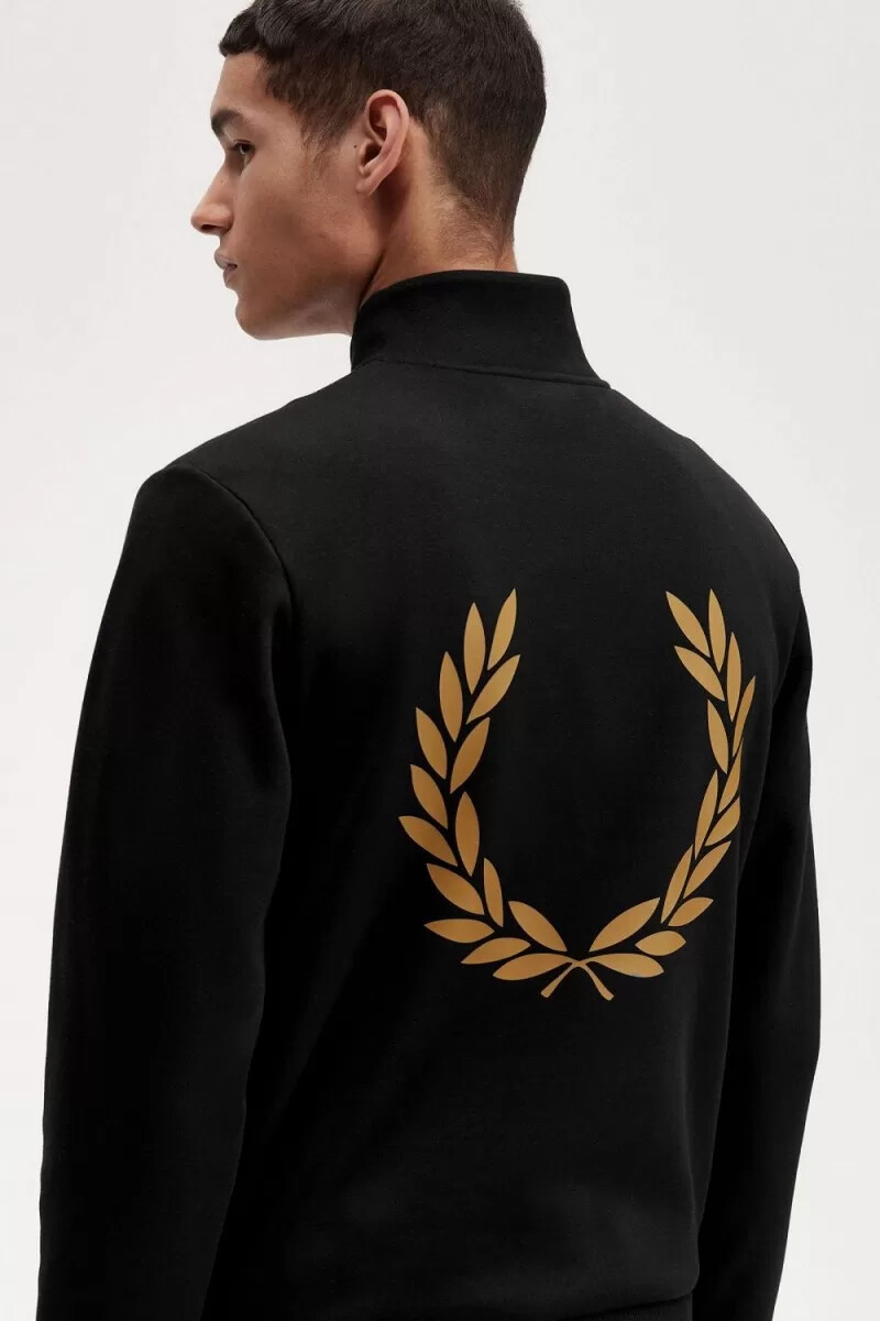 fred perry herren-sweatshirt mit doppeltem grafikprint und halbem reißverschluss schwarz