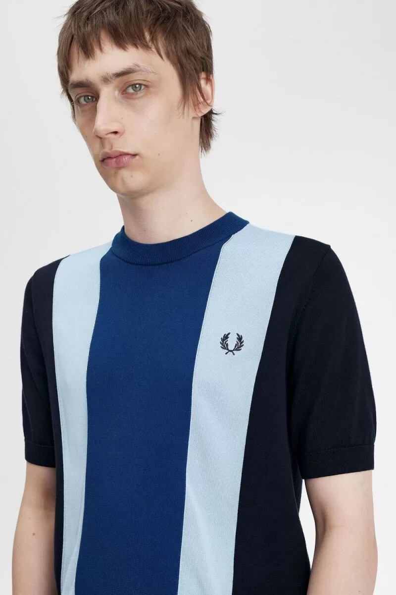 fred perry herren-t-shirt mit streifenmuster feinstrick marineblau türkis kobaltblau