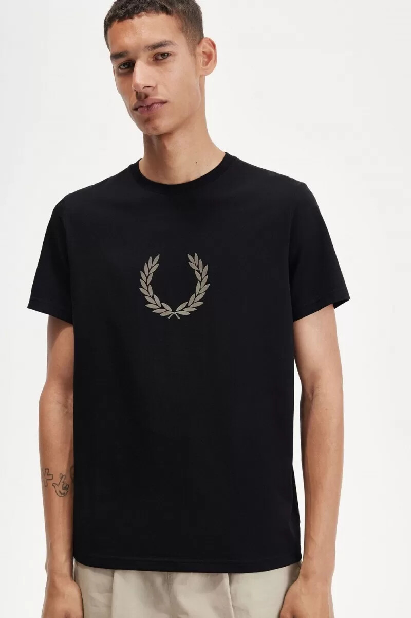 fred perry herren-t-shirt mit lorbeerkranz-flockmuster schwarzwarmgrau