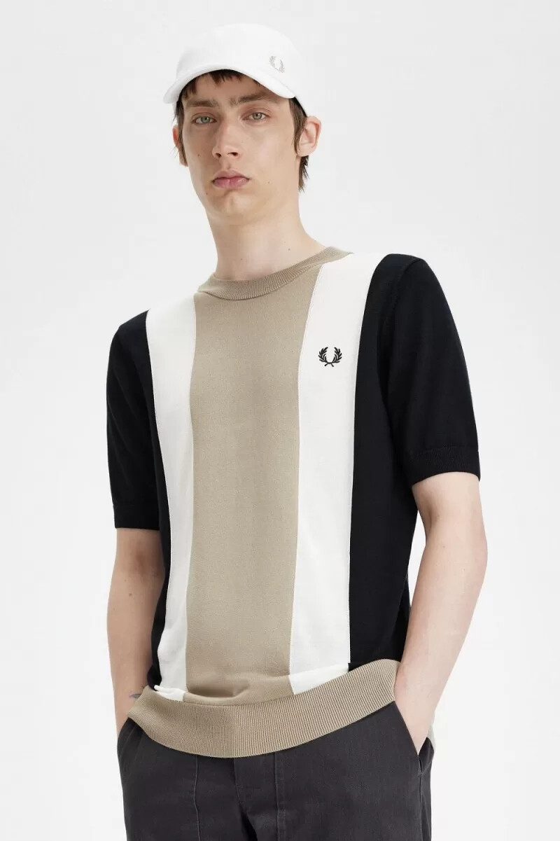 fred perry herren-t-shirt mit streifenmuster feinstrick schwarz schneeweiß warmgrau