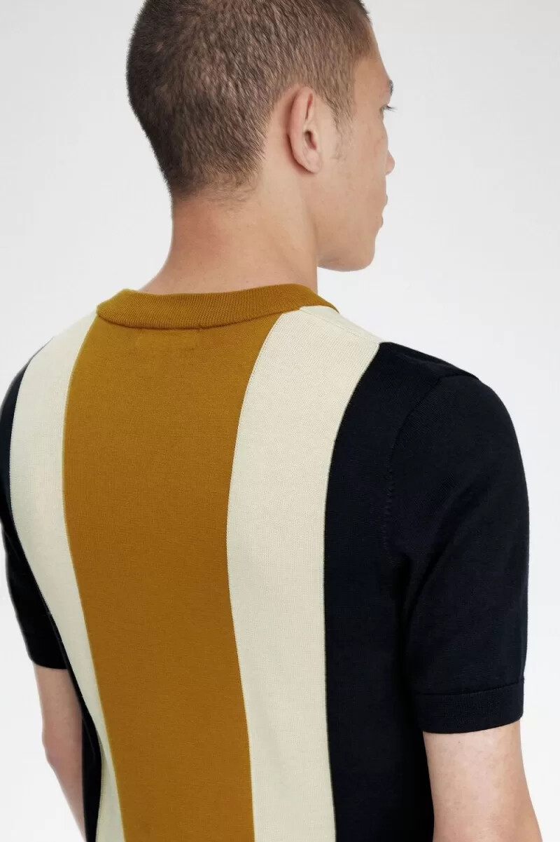 fred perry herren-t-shirt mit streifenmuster feinstrick schwarz haferflocken dunkelbraun