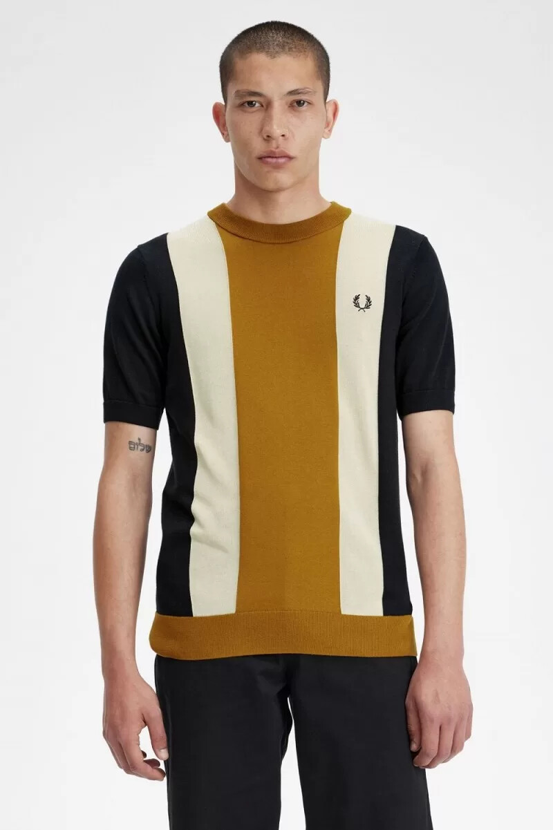 fred perry herren-t-shirt mit streifenmuster feinstrick schwarz haferflocken dunkelbraun