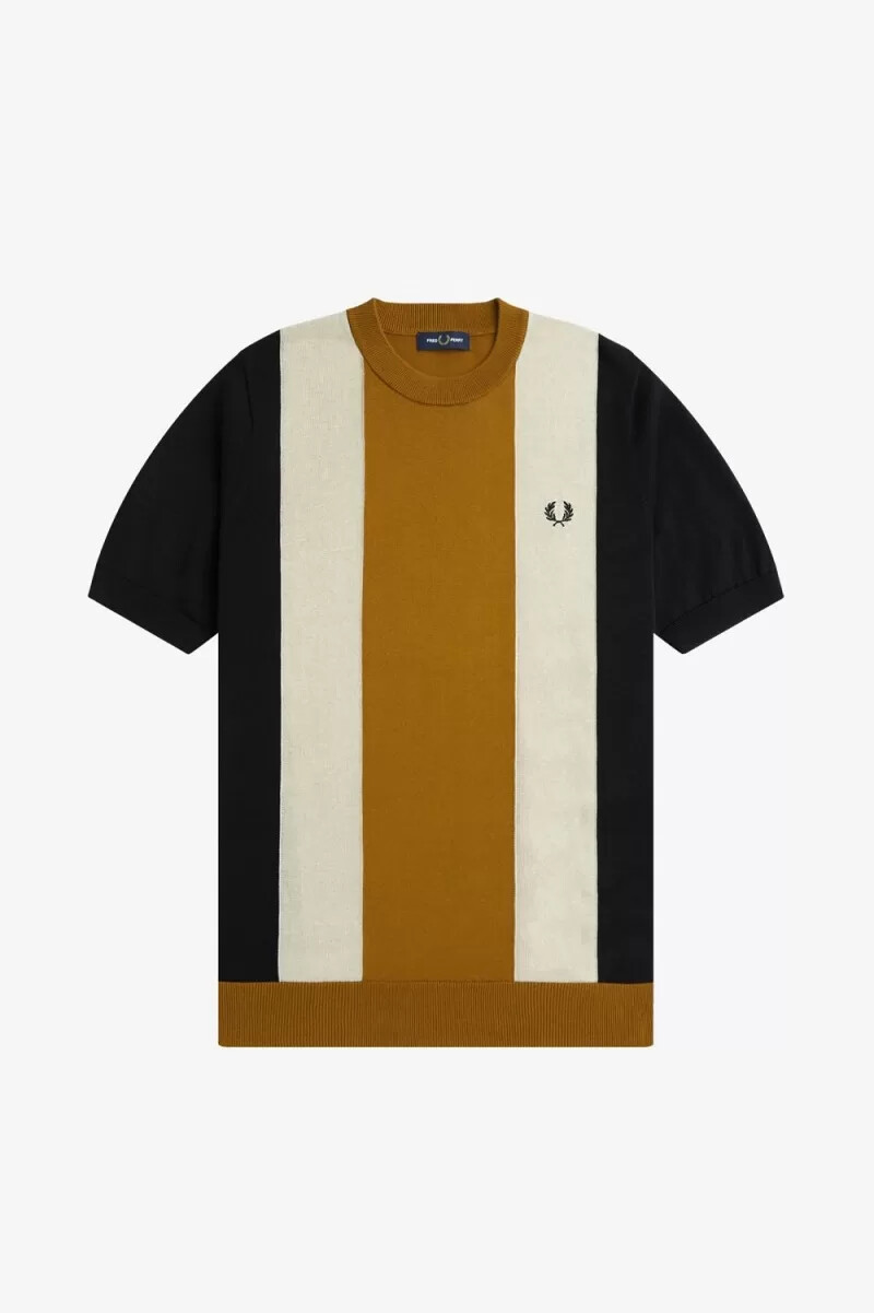 fred perry herren-t-shirt mit streifenmuster feinstrick schwarz haferflocken dunkelbraun