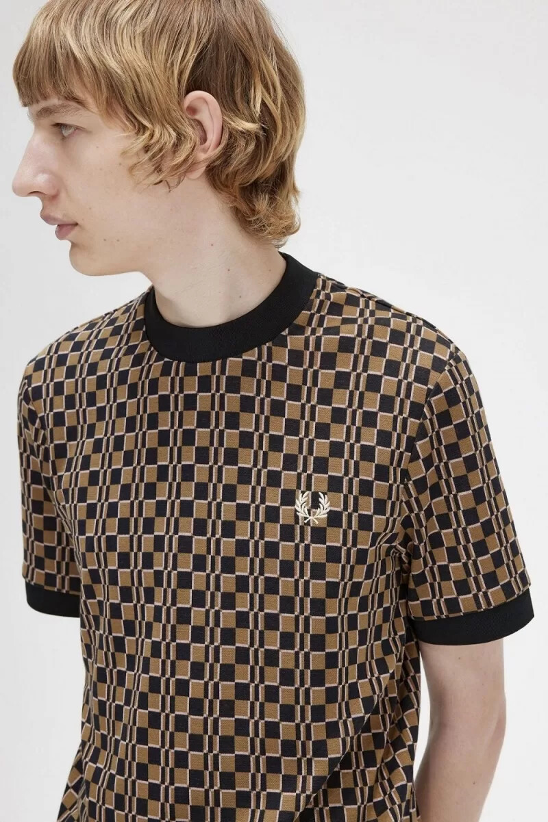 fred perry glitch chequerboard herren-t-shirt braun marineblau