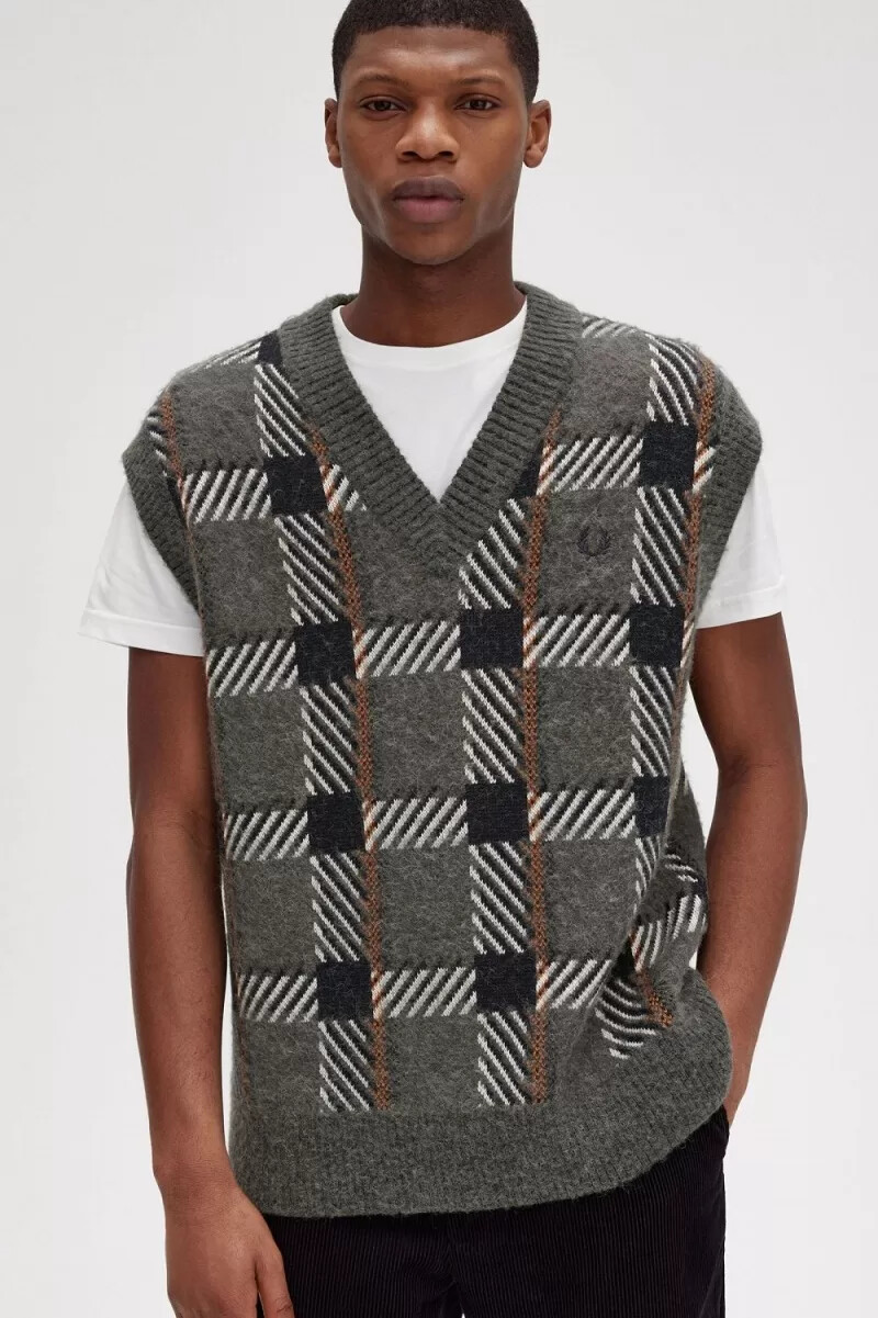 fred perry glitch tartan strick-tanktops für herren feldgrün