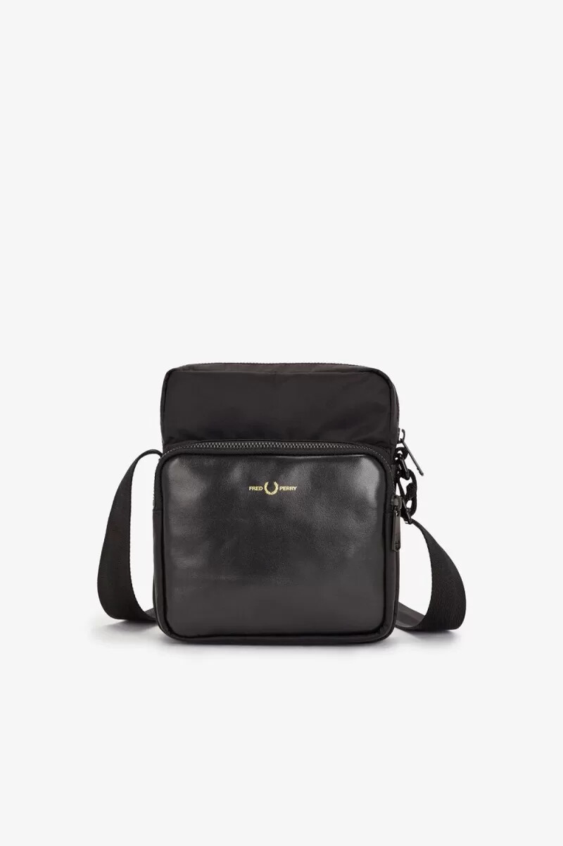 fred perry nylon-twill-leder-umhängetasche für herren schwarzgold
