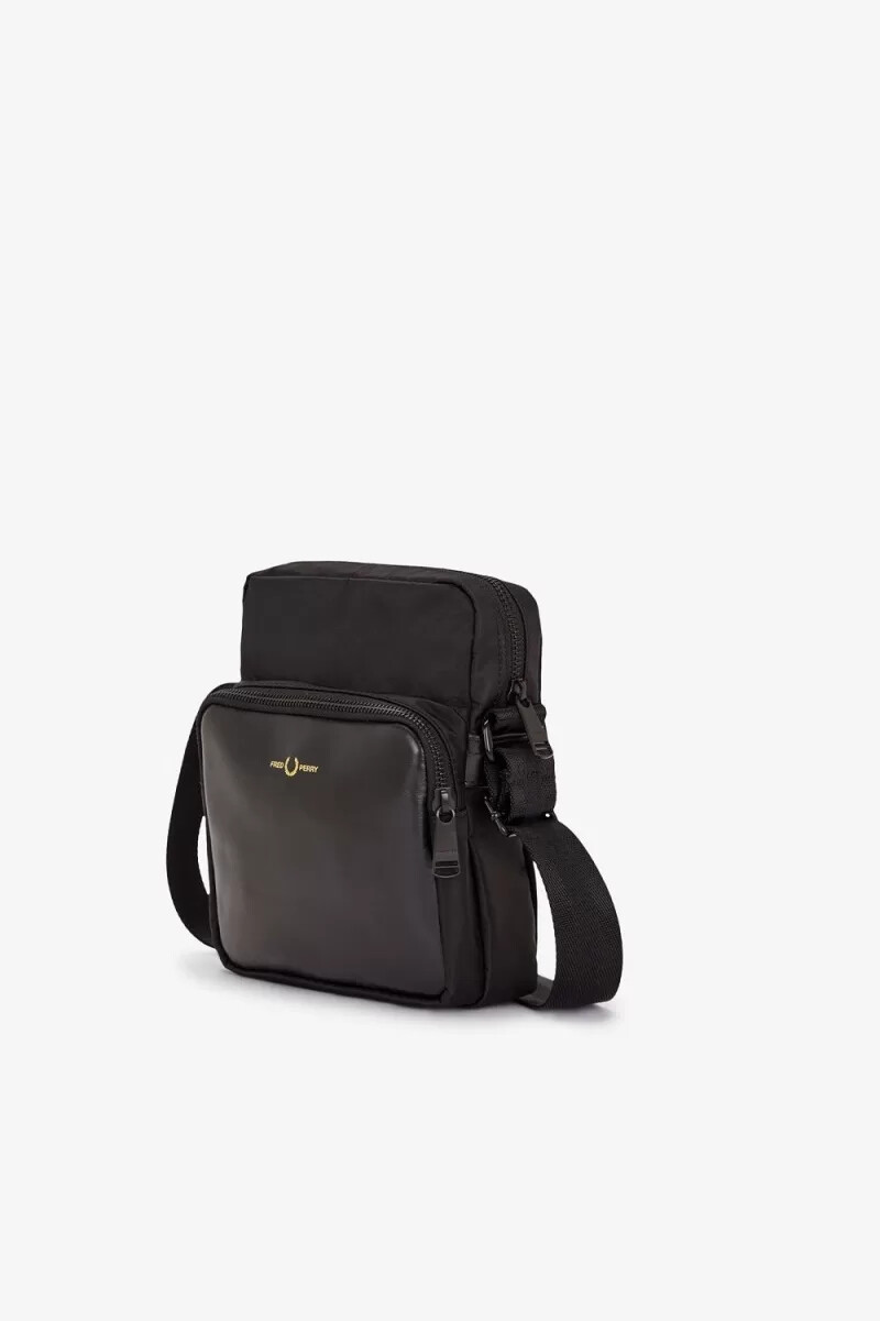 fred perry nylon-twill-leder-umhängetasche für herren schwarzgold