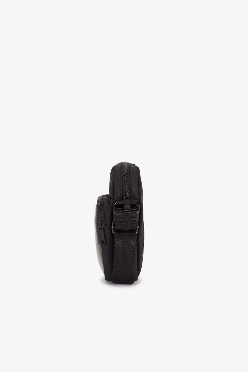 fred perry nylon-twill-leder-umhängetasche für herren schwarzgold